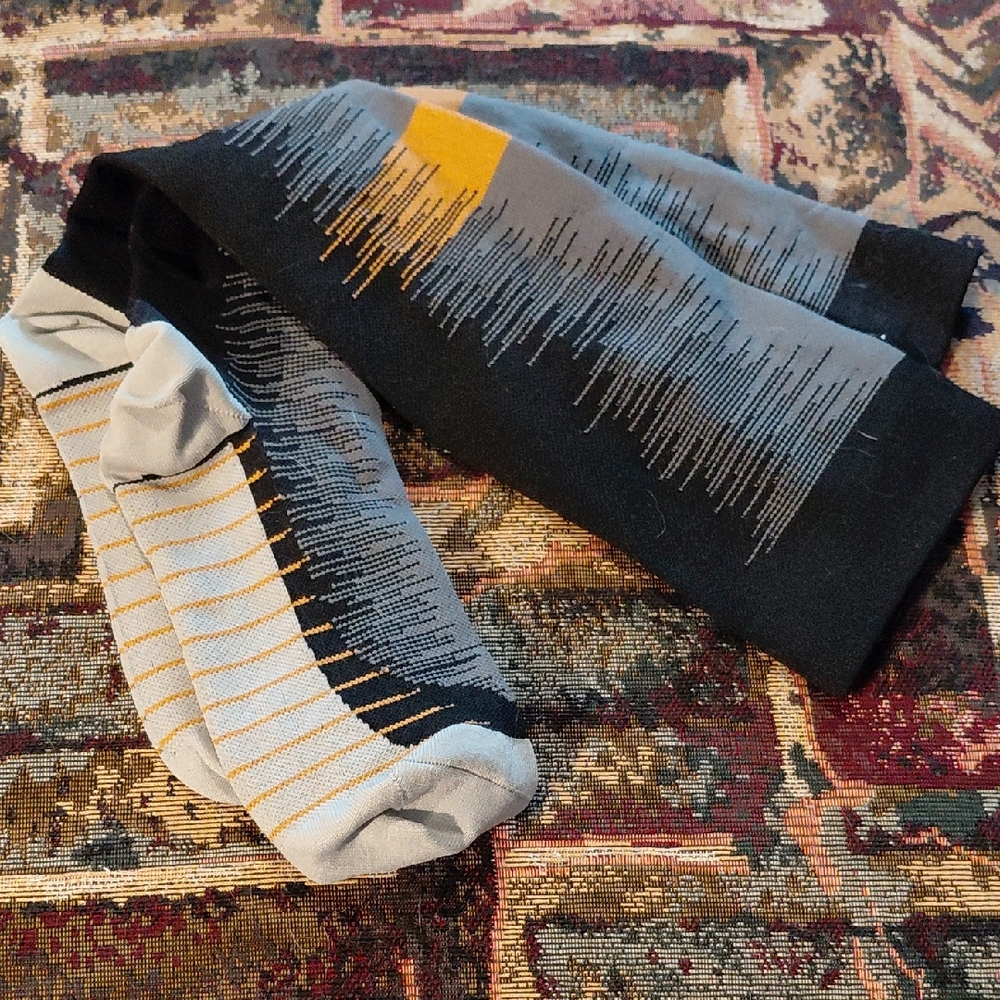 Men's Black and Gray Patterned Crew Socks with Yellow Accent